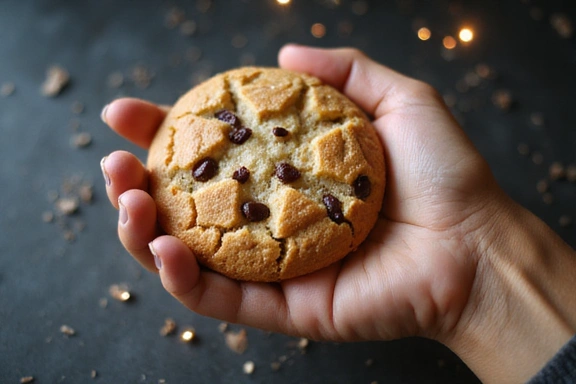 A hand holding a large cookie with digital data flowing around it